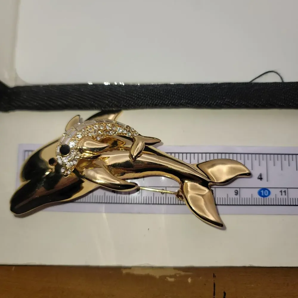 Vintage Gold-tone Dual Leaping Dolphins Trembler Baguette Round Rhinestones